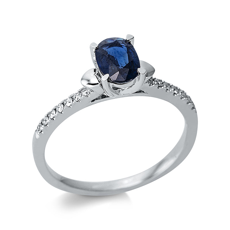Ring 18 kt WG, 18 Brill. 0,13 ct, TW-si, 1 Saphir 1,14 ct blau