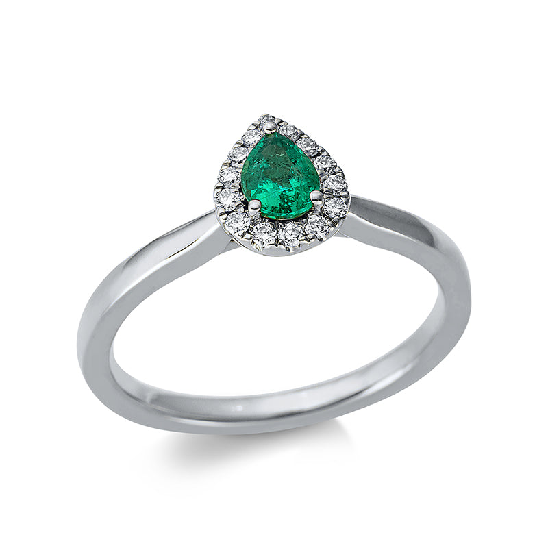 Ring 18 kt WG, 14 Brill. 0,10 ct, TW-si, 1 Smaragd 0,26 ct grün