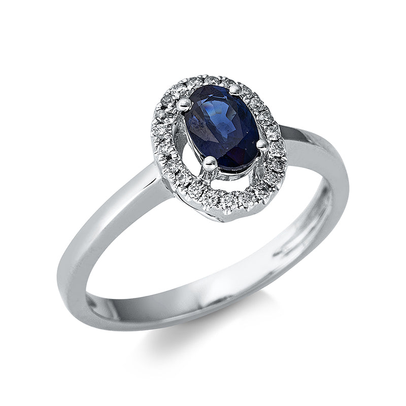 Ring 18 kt WG, 22 Brill. 0,10 ct, I-si, 1 Saphir 0,60 ct blau