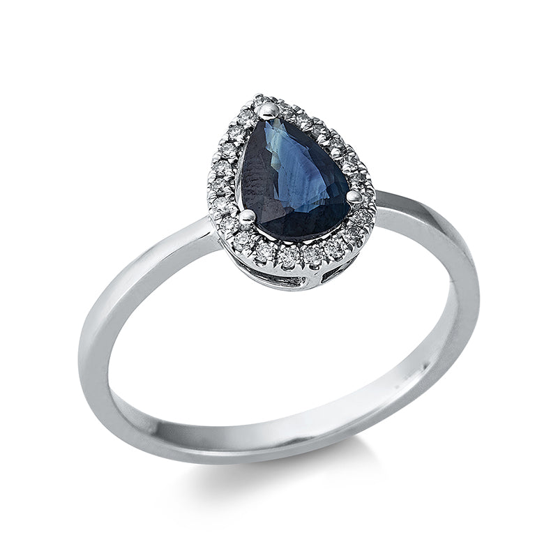 Ring 18 kt WG, 22 Brill. 0,08 ct, I-si, 1 Saphir 0,85 ct blau