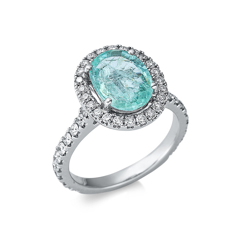 Ring 18 kt WG, 46 Brill. 0,79 ct, TW-vsi/si, 1 Paraiba 2,46 ct türkis