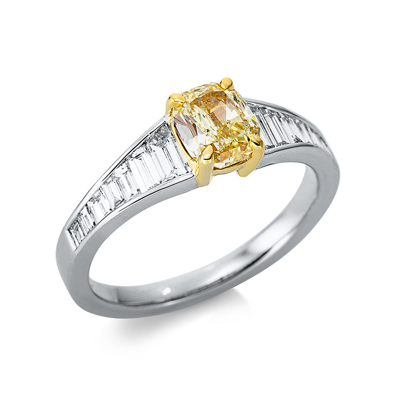 Ring 4er-Krappe 18 kt WG+GG. GIA6173499322. 1 Cushion 1.01 ct. gelb-vs2. 14 Baguette 0.71 ct. TW-vsi. H:5.1 mm. B:6.3 mm. Weite:54