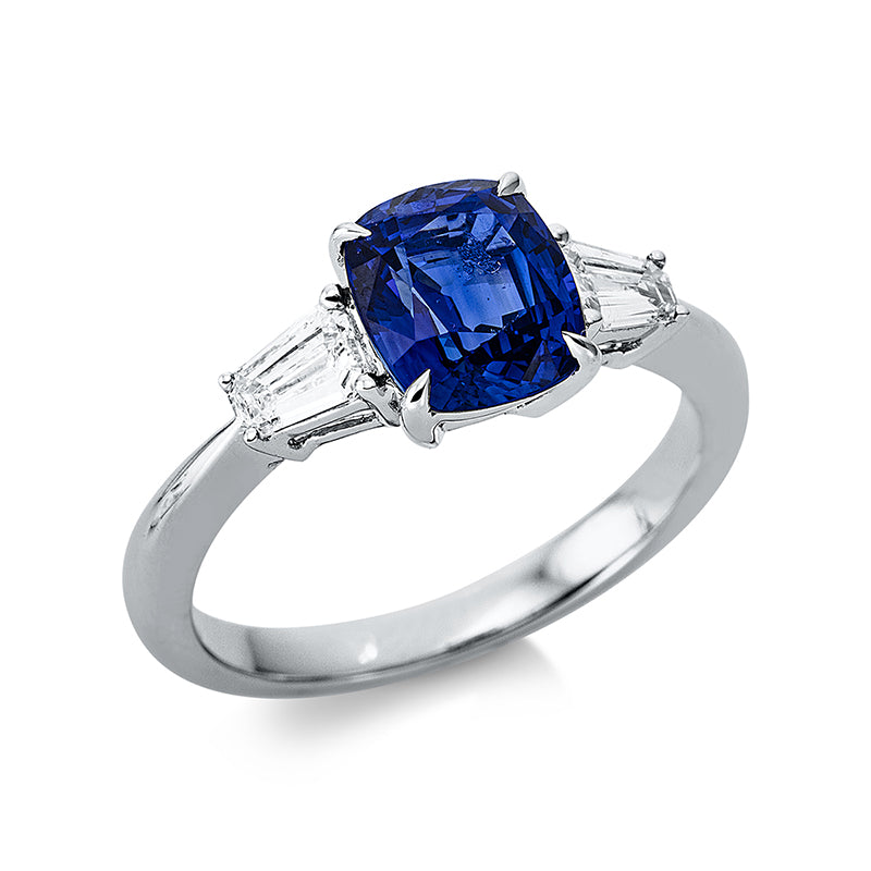 Ring 18 kt WG, 2 Assher 0,37 ct, TW-vsi, 1 Saphir 2,09 ct blau