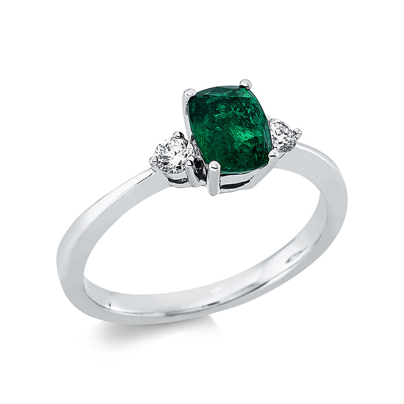 Ring 18 kt WG, 2 Brill. 0,16 ct, TW-vsi, 1 Smaragd 0,87 ct grün