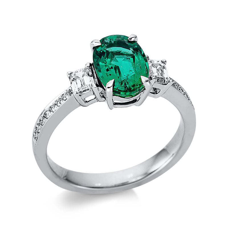 Ring 4er-Krappe 18 kt WG. IGI M3E29302. 2 Sm.schliff 0.35 ct. TW-vsi. 16 Brillanten 0.08 ct. TW-vsi. 1 Smaragd 1.66 ct grün. Weite:54