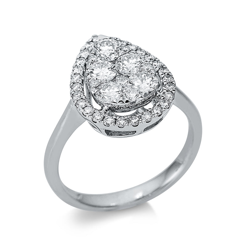 Ring 18 kt WG. 27 Brillanten 0.27 ct. TW-si. 2 Brillanten 0.06 ct. TW-si. 5 Brillanten 0.86 ct. TW-si. 5 Brillanten 0.03 ct. TW-si. H:12.1 mm. B:16.2 mm. Weite:53