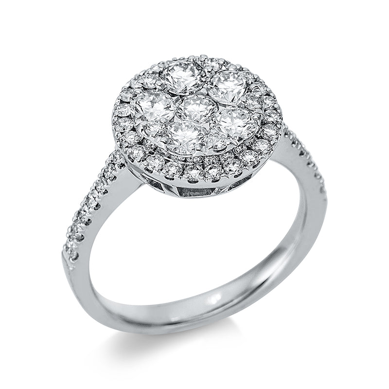 Ring 18 kt WG, 36 Brill. 0,45 ct, TW-si, 1 Brill. 0,12 ct, TW-si, 5 Brill. 0,72 ct, TW-si, 6 Brill. 0,05 ct, TW-si