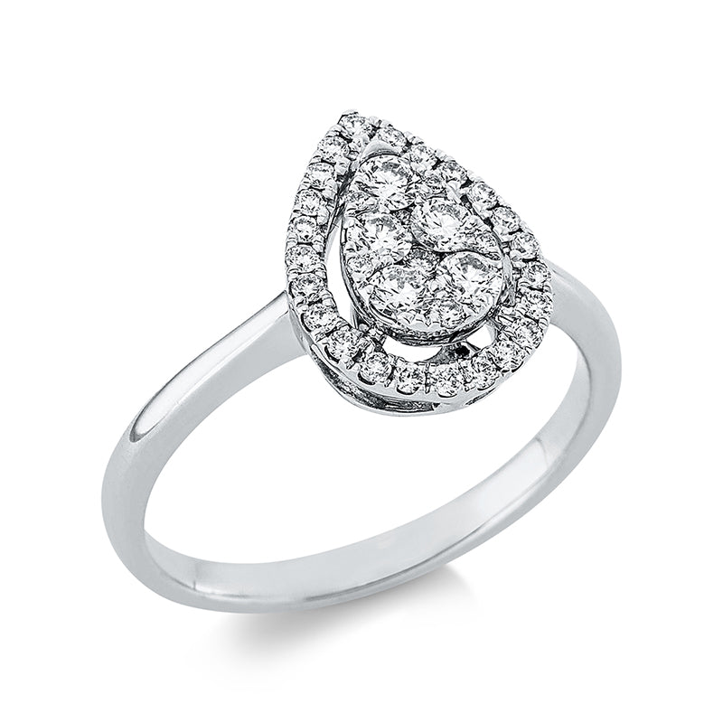 Ring 18 kt WG Tropfen. 1 Brill. 0.01 ct. TW-si. 5 Brillanten 0.27 ct. TW-si. 29 Brillanten 0.18 ct. TW-si. Weite:53