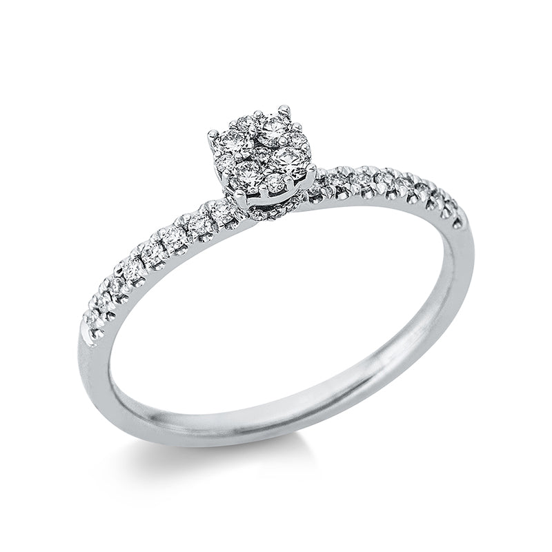 Ring 18 kt WG. 5 Brillanten 0.11 ct. TW-si. 32 Brillanten 0.14 ct. TW-si. H:4.4 mm. B:4.4 mm. Weite:54
