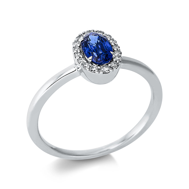 Ring 18 kt WG, 16 Brill. 0,12 ct, TW-si, 1 Saphir 0,52 ct blau
