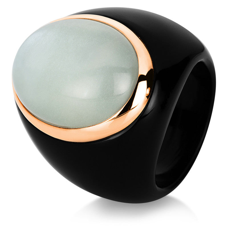 Ring 18 kt RG, Achat schwarz, 1 Mondstein 10,30 ct weiß