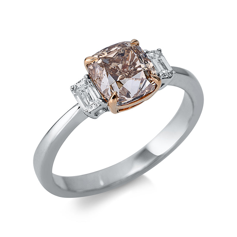 Ring 4er-Krappe 18 kt WG+RG. 2 Sm.schliff 0.25 ct. TW-si. 1 Cushion 2.01 ct. braun. H:10.9 mm. B:6.6 mm. Weite:54