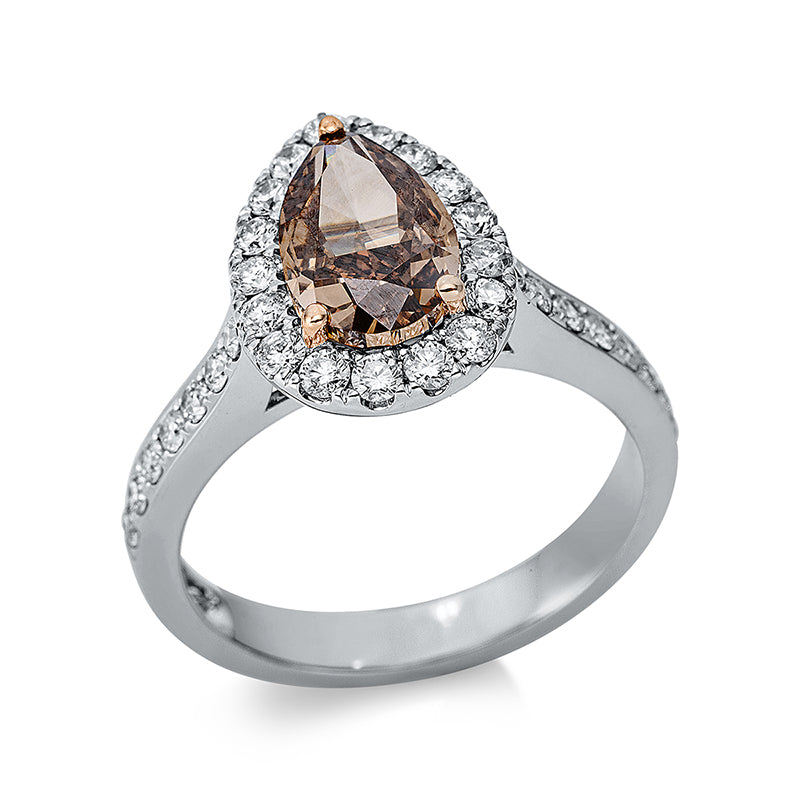 Ring 3er-Krappe 18 kt WG+RG. GIA 5232005581. 1 Tropfen 2.04 ct. braun-vsi. 31 Brillanten 0.64 ct. TW-si. H:10.1 mm. B:13.7 mm. Weite:54