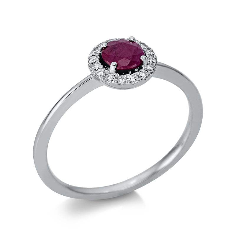 Ring 18 kt WG, 16 Brill. 0,10 ct, TW-si, 1 Rubin 0,55 ct rot