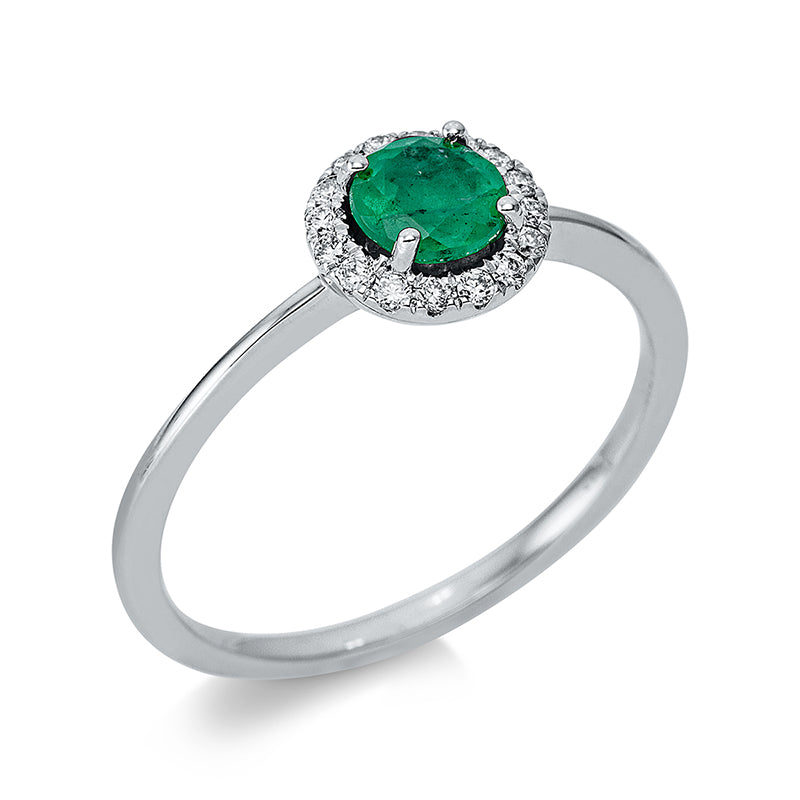 Ring 18 kt WG. 16 Brillanten 0.10 ct. TW-si. 1 Smaragd 0.43 ct grün. Ø:7.1 mm. Weite:54