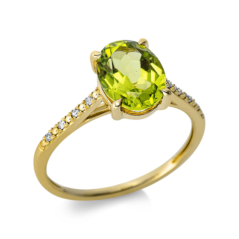 Ring 14 kt GG, 8 Dia. 0,03 ct, TW-si, 1 Peridot 2,06 ct grün
