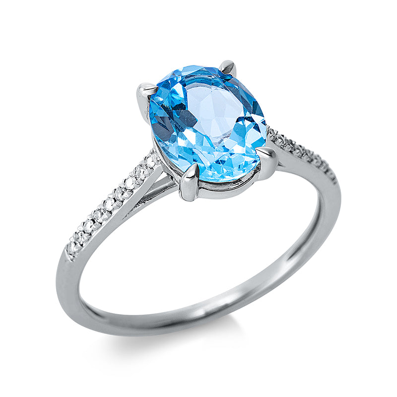 Ring 14 kt WG, 8 Dia. 0,03 ct, TW-si, 1 Topas 2,07 ct blau
