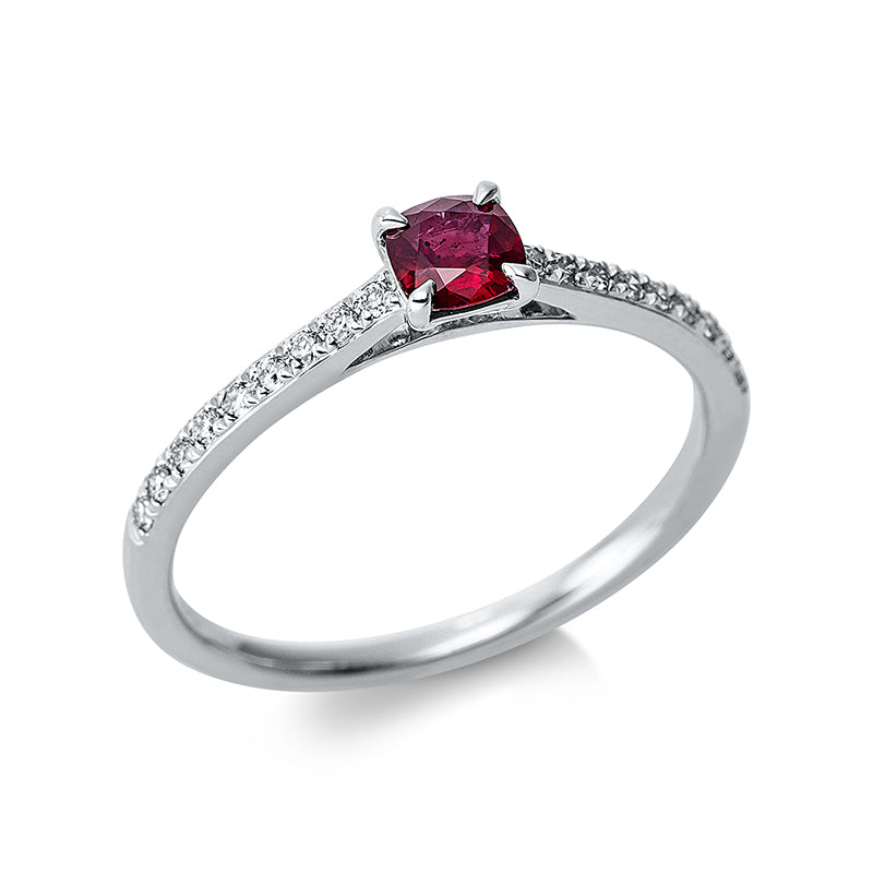 Ring 18 kt WG, 18 Brill. 0,12 ct, TW-si, 1 Rubin 0,32 ct rot