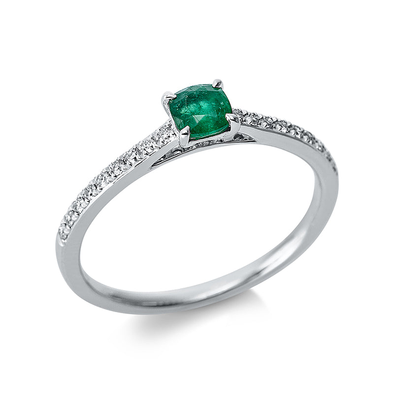 Ring 18 kt WG, 18 Brill. 0,12 ct, TW-si, 1 Smaragd 0,30 ct grün