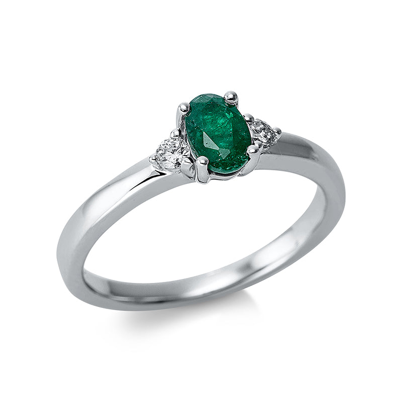 Ring 4er-Krappe 18 kt WG. 2 Brillanten 0.10 ct. TW-si. 1 Smaragd 0.44 ct grün. H:4.2 mm. B:6.0 mm. Weite:54
