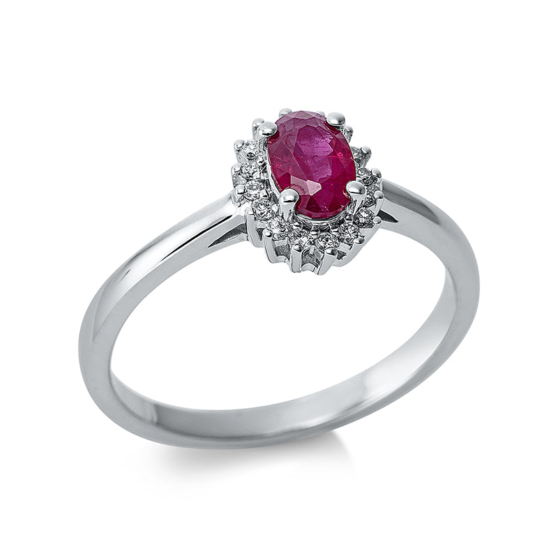 Ring 18 kt WG, 16 Brill. 0,10 ct, TW-si, 1 Rubin 0,52 ct rot
