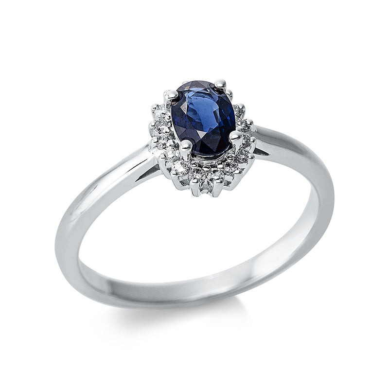 Ring 18 kt WG, 16 Brill. 0,10 ct, TW-si, 1 Saphir 0,60 ct blau