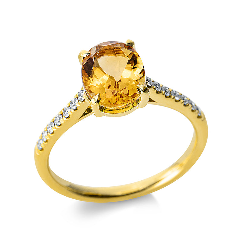 Ring 18 kt GG, 14 Brill. 0,15 ct, TW-si, 1 Citrin 1,70 ct gelb