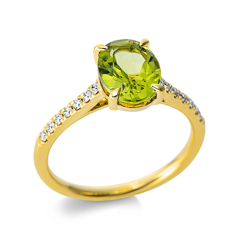 Ring 4er-Krappe 18 kt GG. 14 Brillanten 0.15 ct. TW-si. 1 Peridot 1.91 ct grün. H:6.9 mm. B:9.0 mm. Weite:54