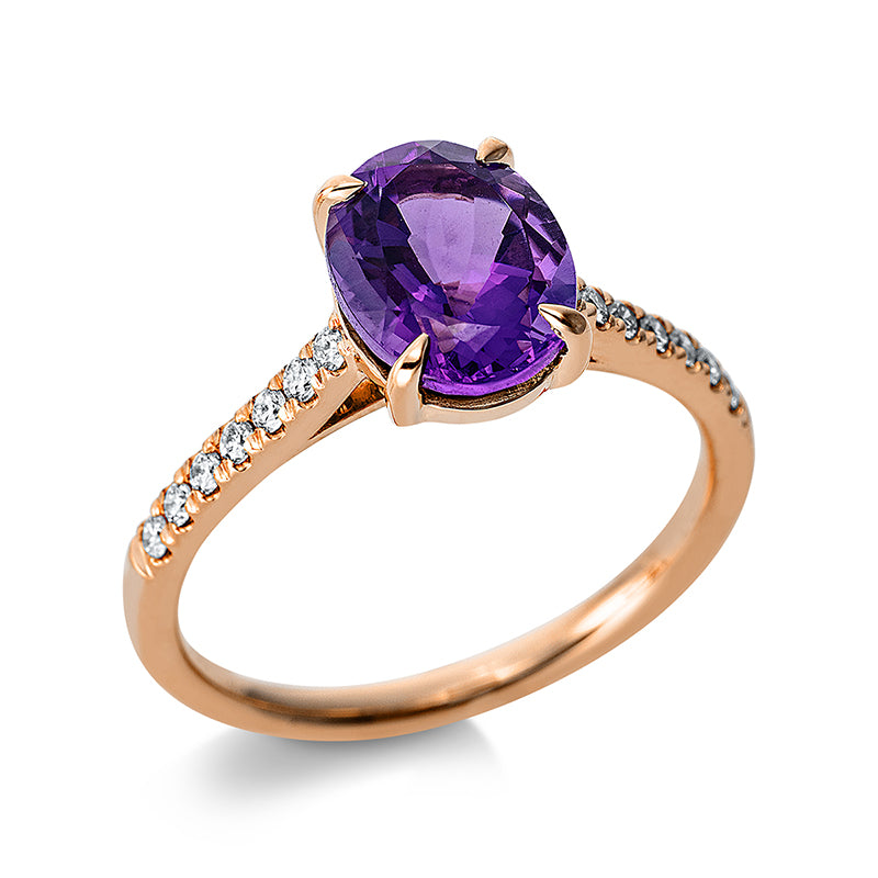 Ring 18 kt RG, 14 Brill. 0,15 ct, TW-si, 1 Amethyst 1,77 ct lila