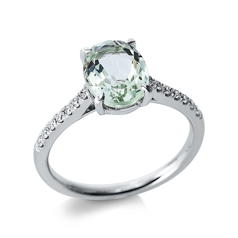 Ring 4er-Krappe 18 kt WG. 14 Brillanten 0.16 ct. TW-si. 1 Amethyst 1.91 ct grün. H:7.0 mm. B:8.9 mm. Weite:54