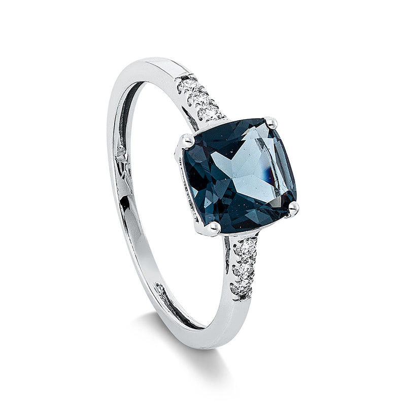 Ring 18 kt WG, 6 Brill. 0,08 ct, TW-si, 1 Topas 1,51 ct Lond. blue