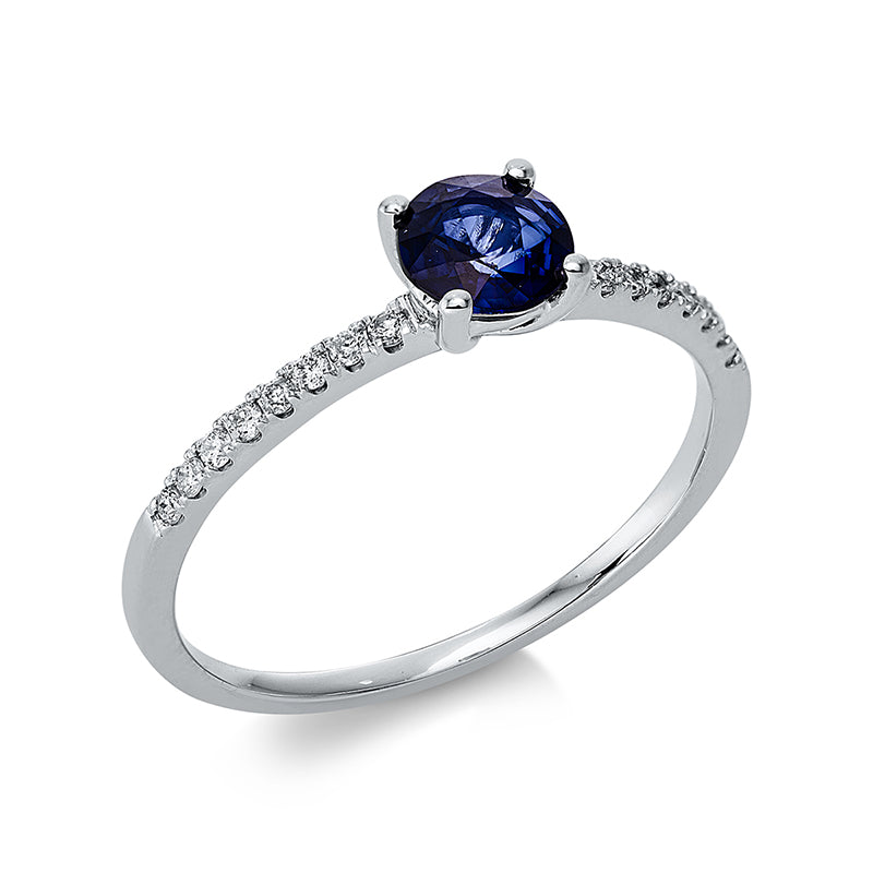 Ring 18 kt WG, 16 Brill. 0,10 ct, TW-si, 1 Saphir 0,54 ct blau