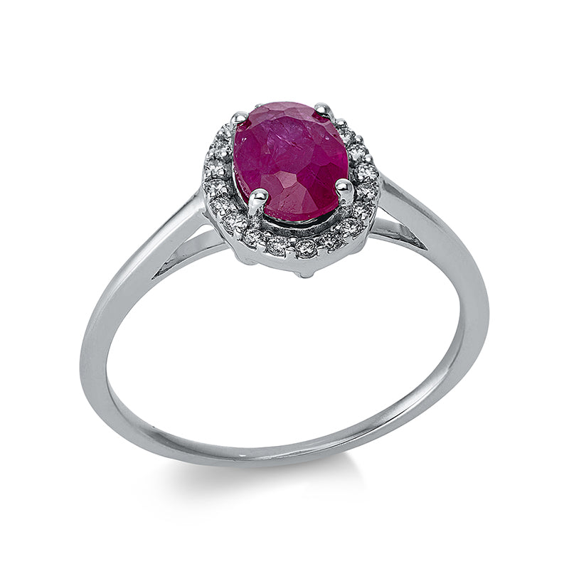 Ring 18 kt WG, 20 Brill. 0,10 ct, TW-si, 1 Rubin 0,97 ct rot