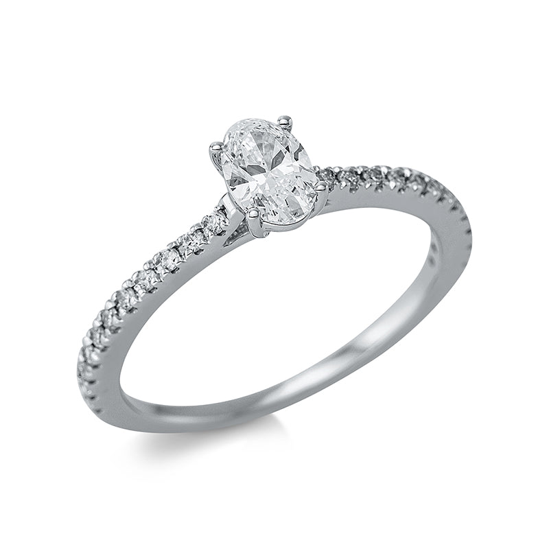 Ring 4er-Krappe 18 kt WG. 1 Oval 0.41 ct. TW-si. 22 Brillanten 0.15 ct. TW-si. H:4.1 mm. B:5.8 mm. Weite:54