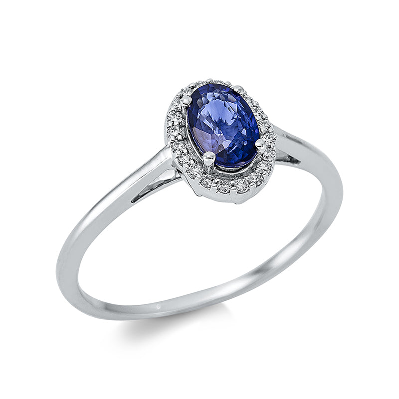 Ring 18 kt WG, 20 Brill. 0,07 ct, TW-si, 1 Saphir 0,67 ct blau