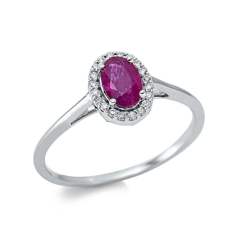 Ring 18 kt WG, 20 Brill. 0,07 ct, TW-si, 1 Rubin 0,50 ct rot
