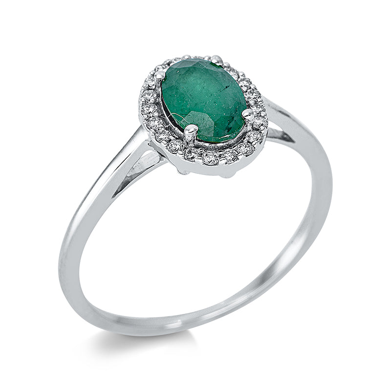 Ring 18 kt WG, 20 Brill. 0,10 ct, TW-si, 1 Smaragd 0,80 ct grün