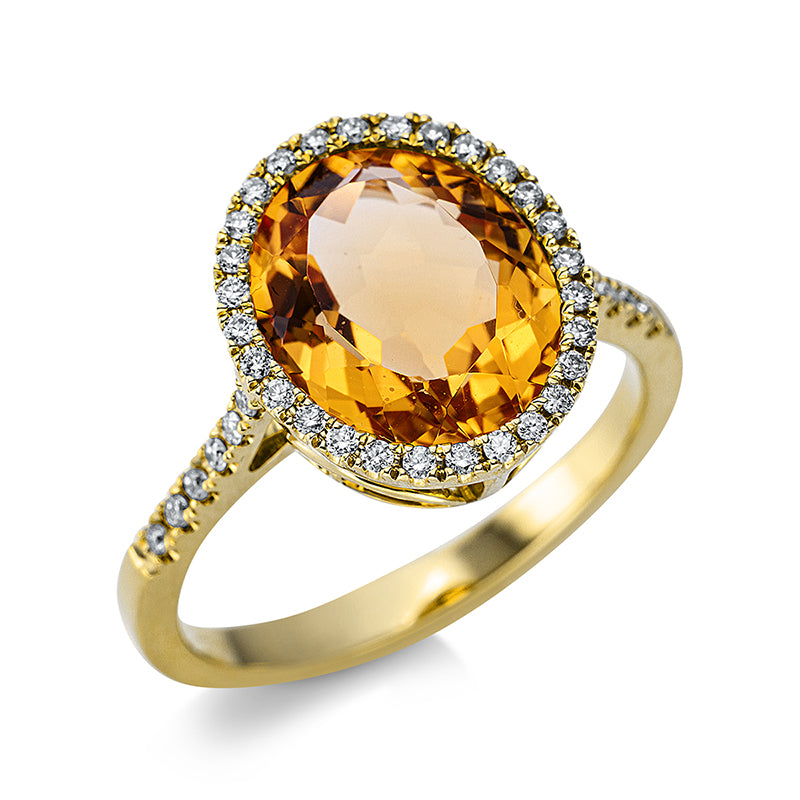 Ring 18 kt GG. 40 Brillanten 0.23 ct. TW-si. 1 Citrin 3.30 ct gelb. H:13.1 mm. B:11.5 mm. Weite:54
