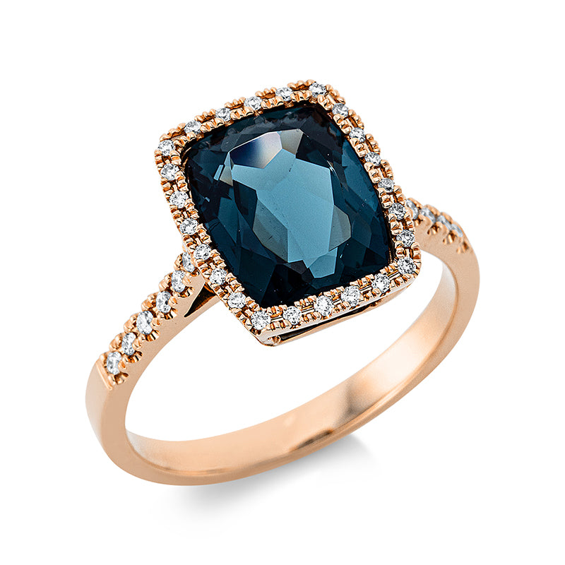 Ring 18 kt RG, 36 Brill. 0,17 ct, TW-si, 1 Topas 3,90 ct Lond. blue