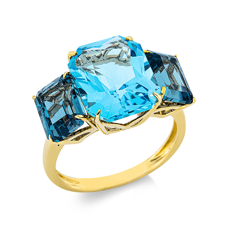 Ring 4er-Krappe 18 kt GG. 1 Topas 7.30 ct blau. 2 Topase 4.80 ct Lond. blue. H:19.6 mm. B:11.9 mm. Weite:54