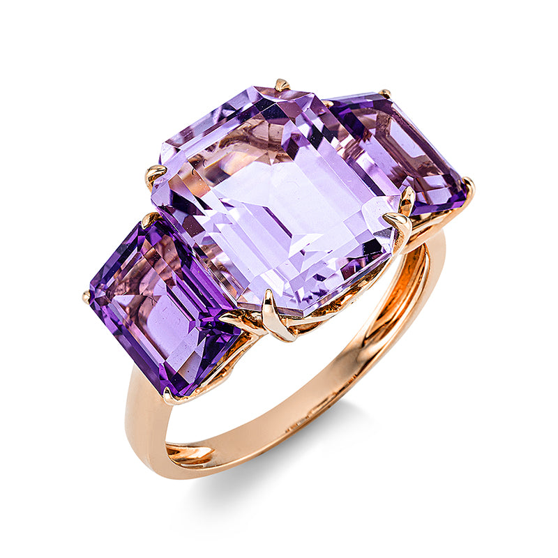 Ring 4er-Krappe 18 kt RG. 2 Amethyste 3.00 ct lila. 1 Amethyst 5.90 ct pink. H:19.6 mm. B:11.5 mm. Weite:54