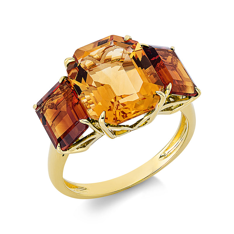 Ring 18 kt GG. 2 Citrin 2.80 ct mandarin. 1 Citrin 5.00 ct gelb. H:19.0 mm. B:12.0 mm. Weite:54