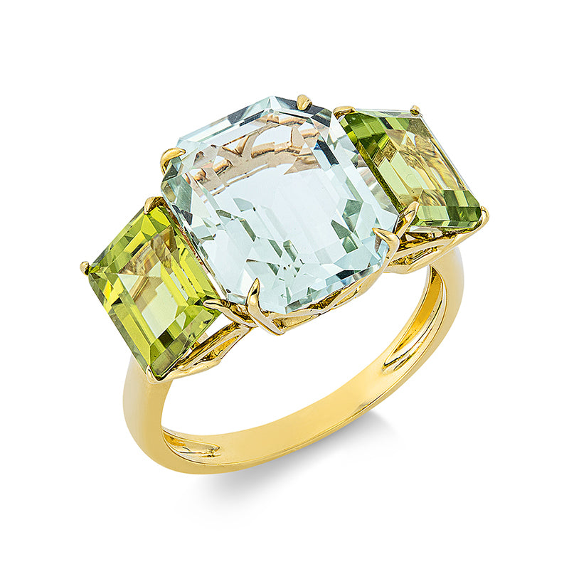 Ring 18 kt GG, 2 Peridot 3,60 ct grün, 1 Amethyst 5,90 ct grün