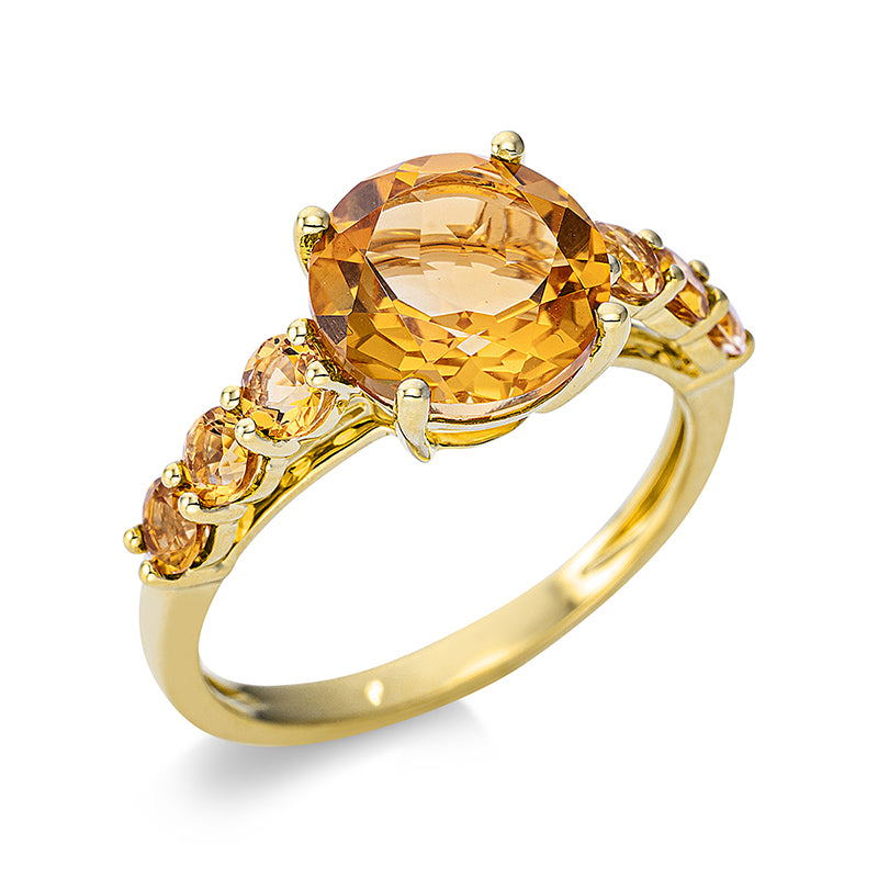 Ring 18 kt GG. 1 Citrin 2.50 ct gelb. 6 Citrin 0.60 ct gelb. H:9.0 mm. B:9.0 mm. Weite:54