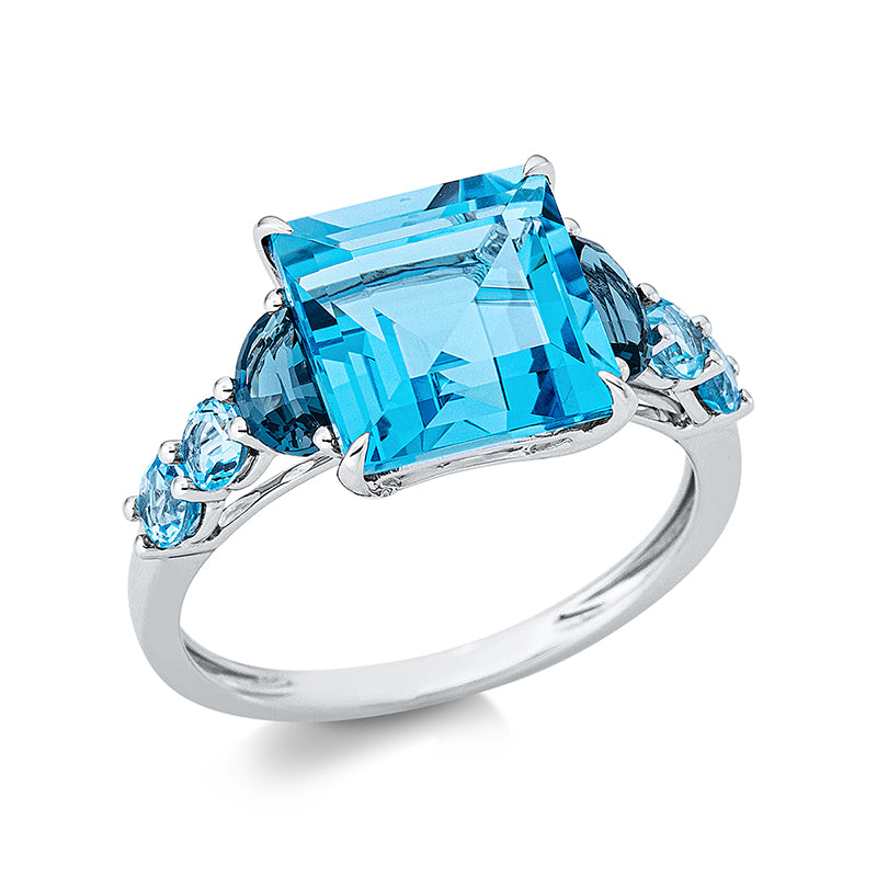 Ring 18 kt WG, 2 Topase 0,50 ct Lond. blue, 1 Topas 4,20 ct blau, 4 Topase 0,60 ct blau