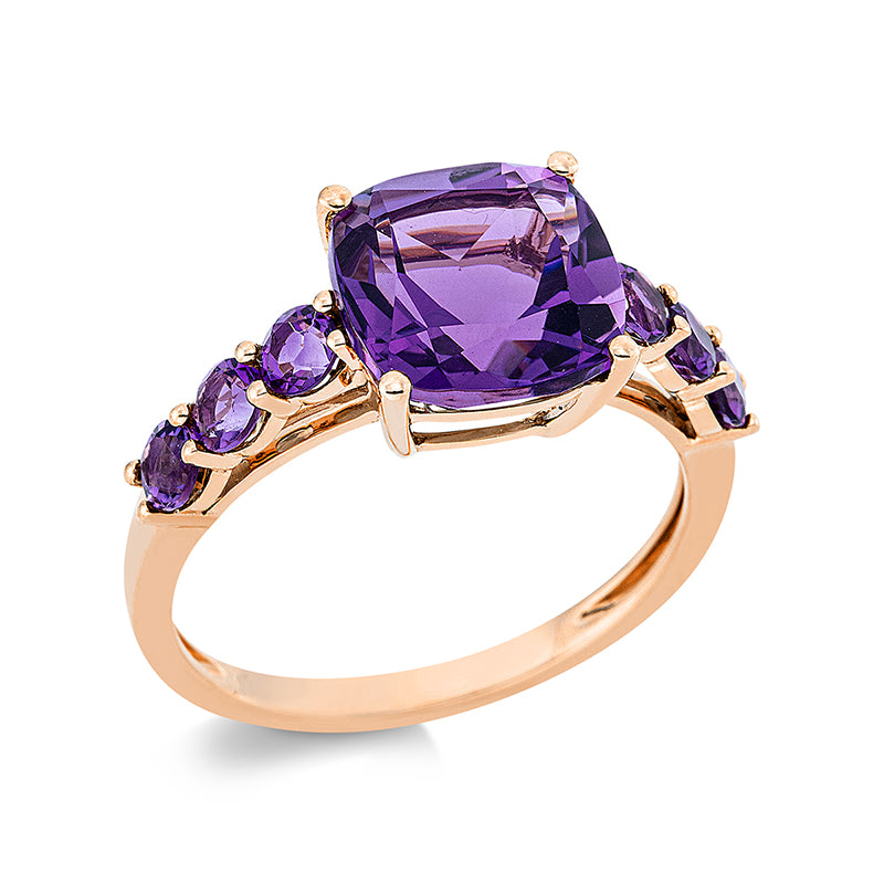 Ring 18 kt RG, 1 Amethyst 3,40 ct lila, 6 Amethyste 0,60 ct lila