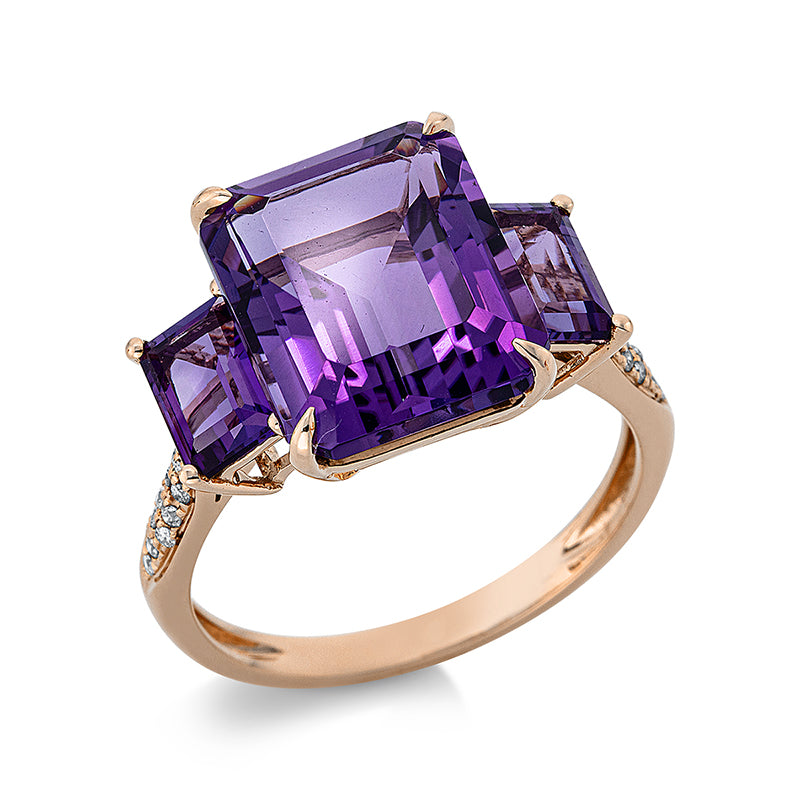 Ring 4er-Krappe 18 kt RG. 22 Brillanten 0.09 ct. TW-si. 1 Amethyst 6.20 ct lila. 2 Amethyste 1.20 ct lila. H:17.0 mm. B:12.1 mm. Weite:54