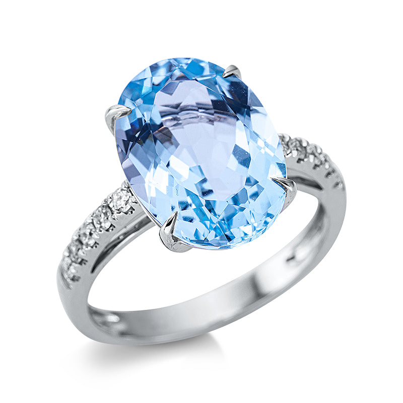 Ring 4er-Krappe 18 kt WG. 10 Brillanten 0.20 ct. TW-si. 1 Topas 8.10 ct sky blue. H:10.0 mm. B:14.1 mm. Weite:54