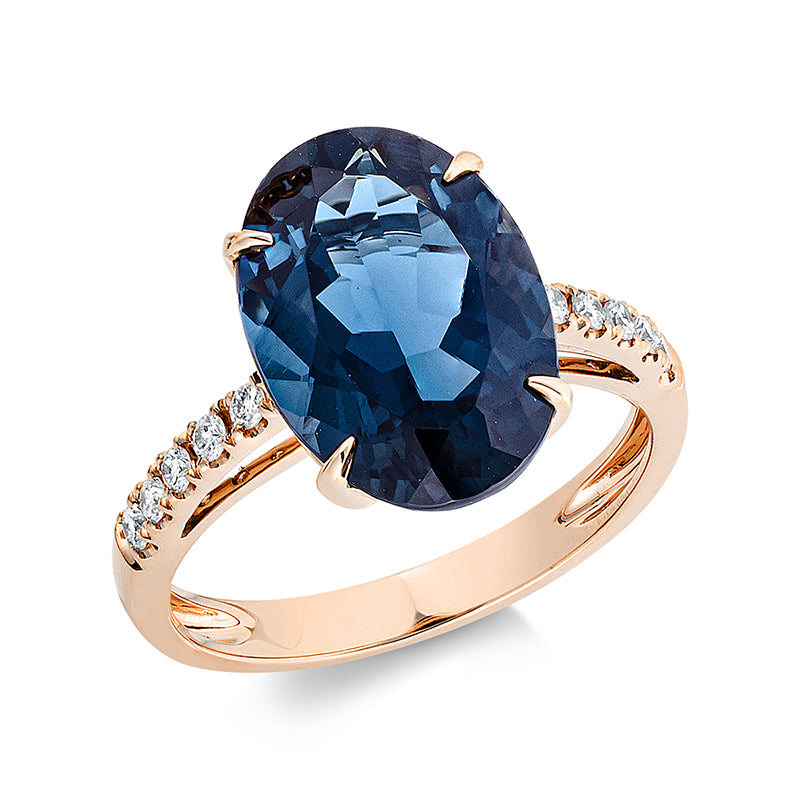 Ring 18 kt RG, 10 Brill. 0,20 ct, TW-si, 1 Topas 7,20 ct Lond. blue
