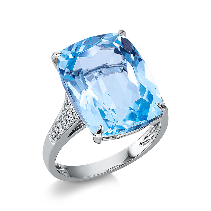 Ring 18 kt WG, 34 Brill. 0,19 ct, TW-si, 1 Topas 15,40 ct sky blue